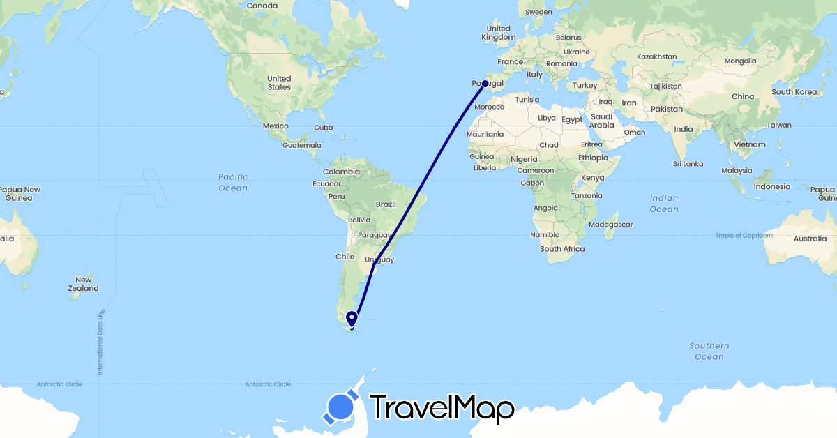 TravelMap itinerary: driving in Argentina, Portugal (Europe, South America)